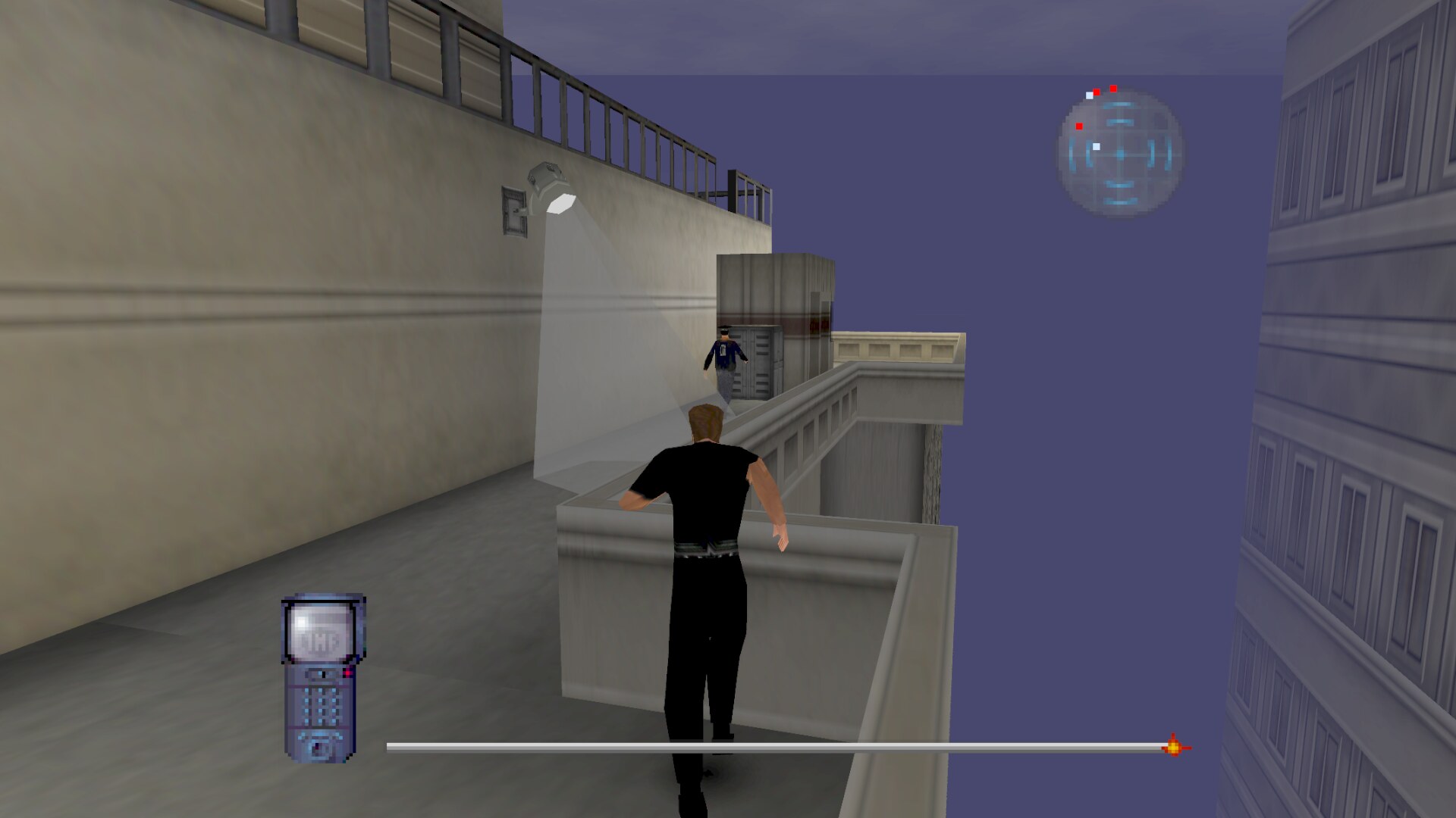 CIA Rooftop: Ethan in black, walking along a ledge toward a guard under a floodlight, a radar disc in the corner