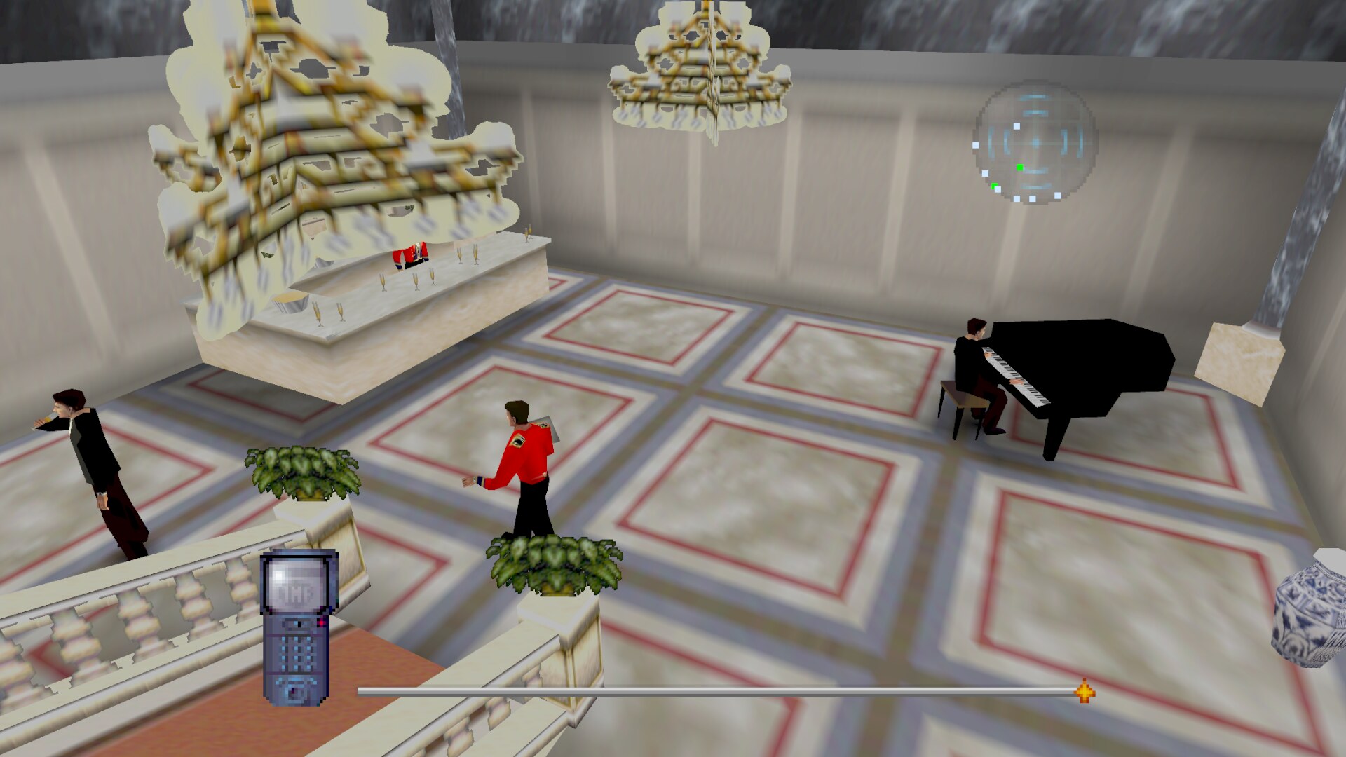 The embassy ballroom at 1080p widescreen: chandeliers, a pianist at a grand piano, Ethan in a red jacket crossing the marble floor