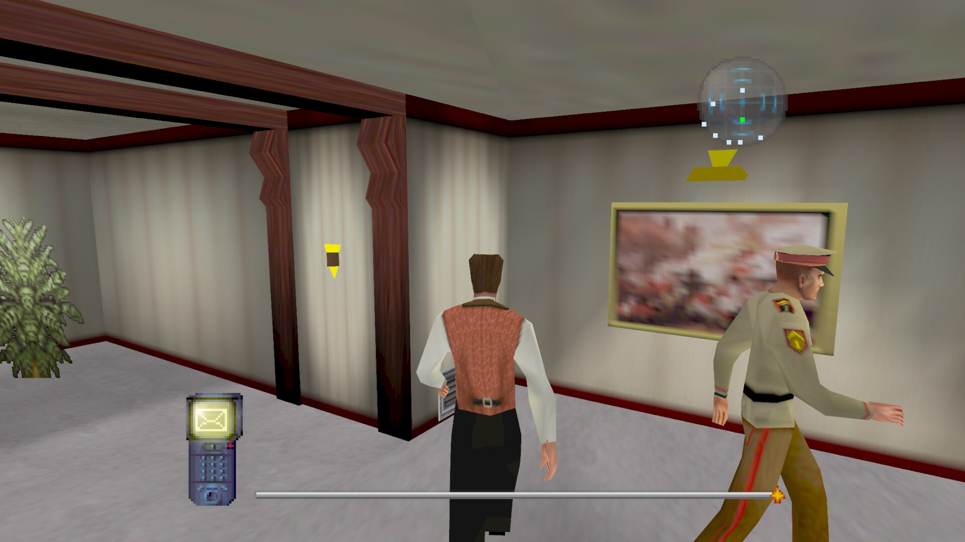 Embassy Function: Ethan in a waiter&rsquo;s waistcoat passing a uniformed guard in a hallway hung with oil paintings