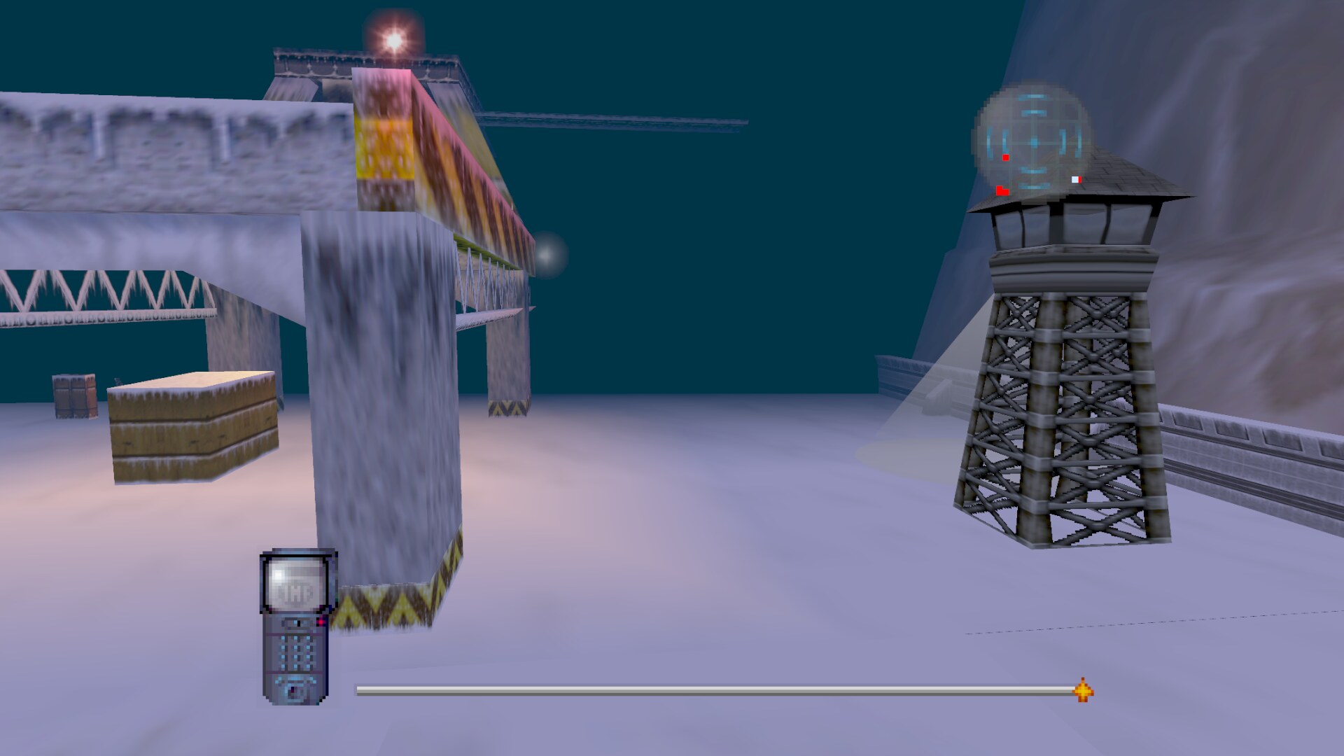 Subpen: snow, a steel truss bridge with a red beacon, a lattice watchtower throwing a searchlight