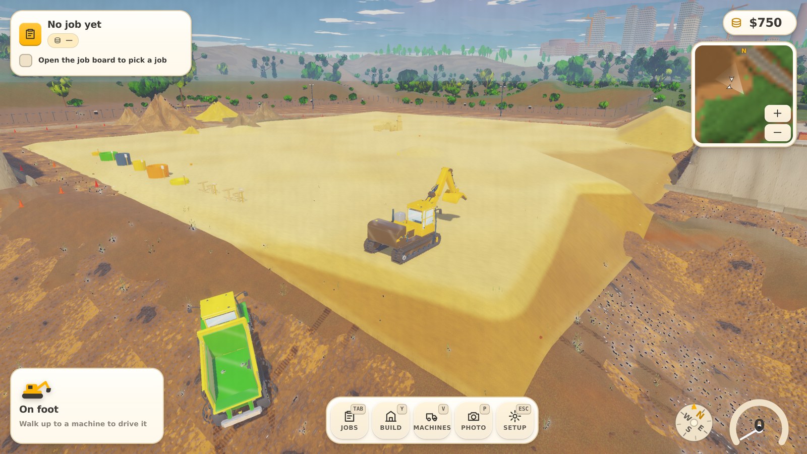 The site: a graded pad, an excavator mid-job, the dump truck parked, the city skyline going up behind