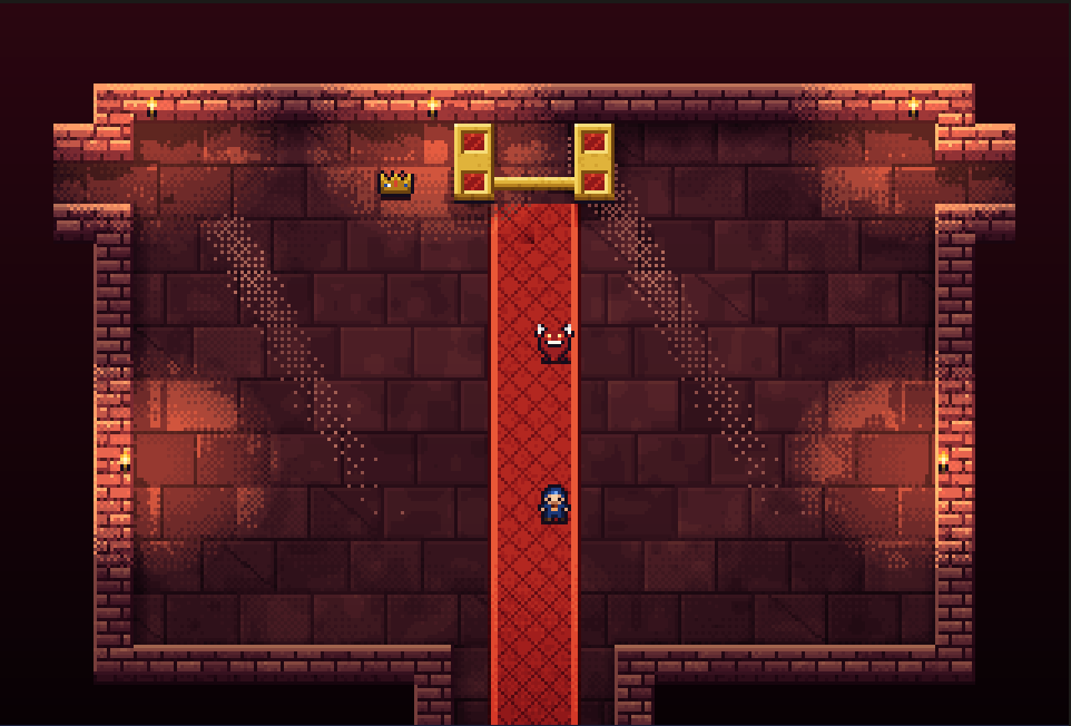 The Throne Room, torchlit, with an Angry Demon waiting