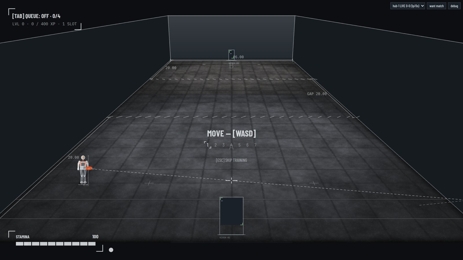 The hub: a blueprint mannequin on a dimensioned floor, stamina bar, queue counter, training prompt