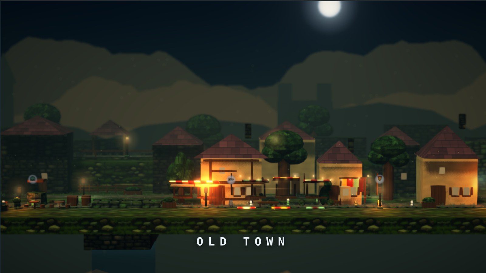 Old Town at night — lit market stalls under the moon, the Stillwater Reach behind
