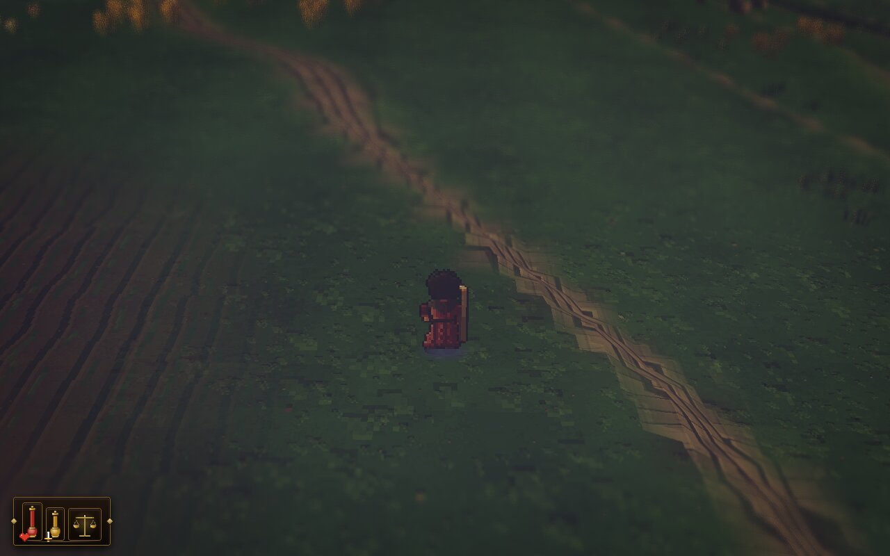 Testament gameplay — the pilgrim on the road at dusk