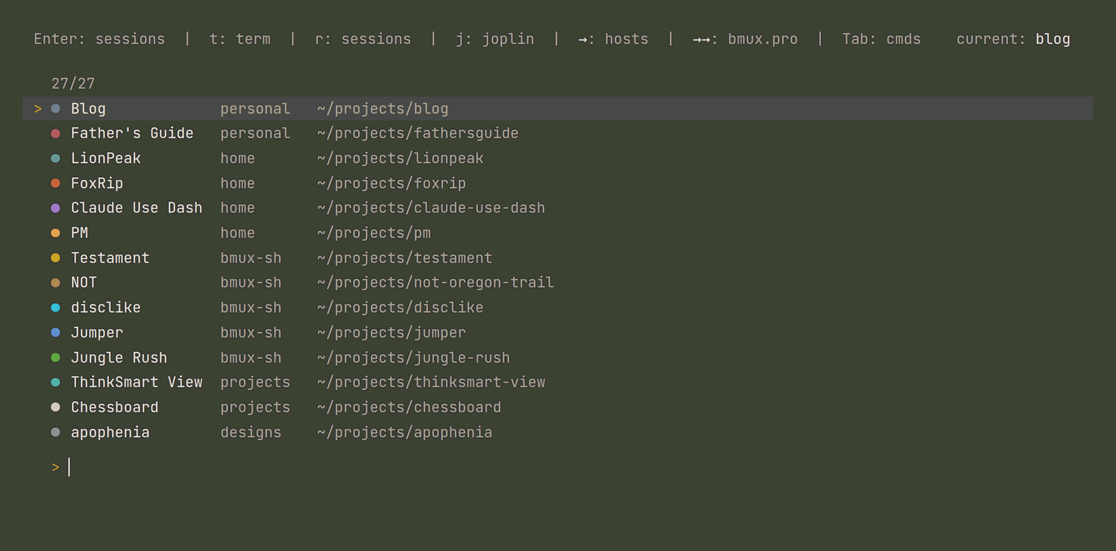 The project menu: one line per project, its colour, its category, its path — with the key hints along the top